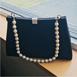 MODA INTERNATIONAL Black Matte Satin Clutch with Pearl & Rhinestone Handle